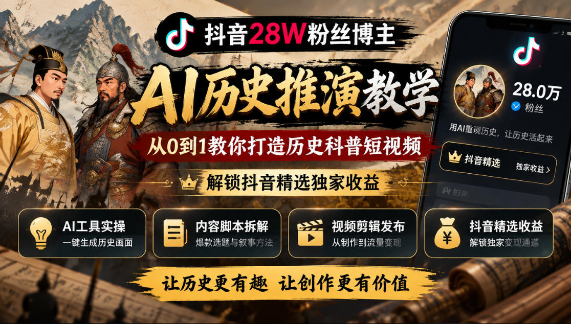 抖音28W粉丝博主的AI历史推演教学，从0到1教你打造历史科普短视频，解锁抖音精选独家收益-资源V站