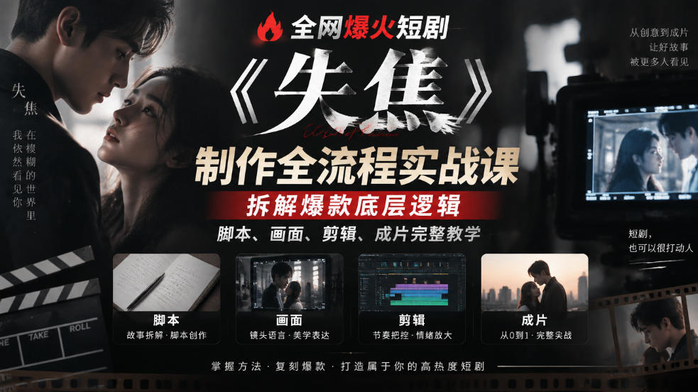 全网爆火短剧《失焦》制作全流程实战课｜拆解爆款底层逻辑，脚本、画面、剪辑、成片完整教学-资源V站