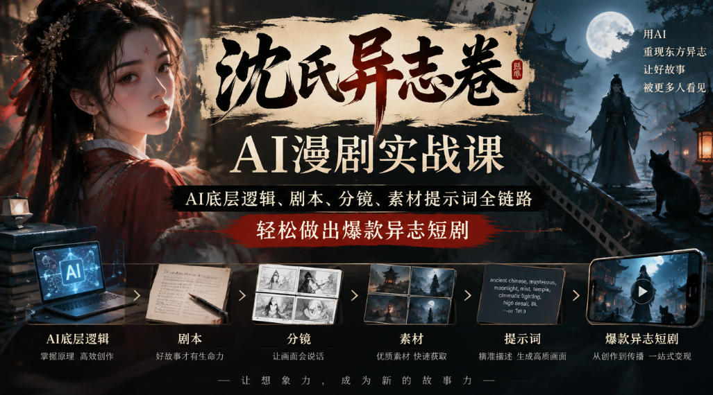 沈氏异志卷AI漫剧实战课｜AI底层逻辑、剧本、分镜、素材提示词全链路，轻松做出爆款异志短剧-资源V站