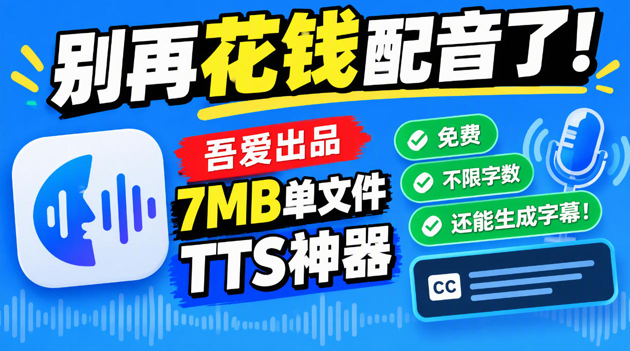 别再花钱配音了！吾爱出品7MB单文件TTS神器，免费不限字数还能生成字幕！-资源V站