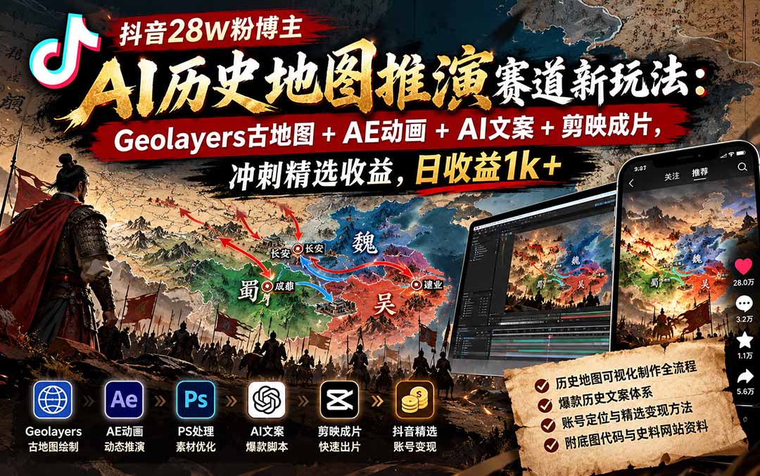 抖音28W粉博主AI历史地图推演赛道新玩法：Geolayers古地图+AE动画+AI文案+剪映成片，冲刺精选收益，日收益1k+-资源V站