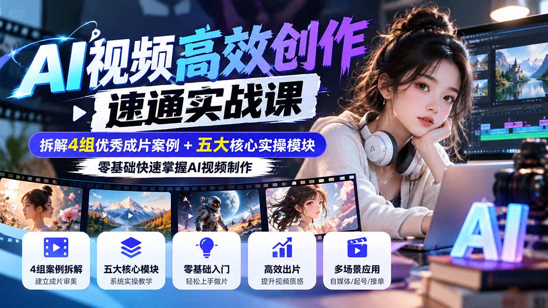 【无水印】AI视频高效创作速通实战课：拆解4组优秀成片案例+五大核心实操模块，零基础快速掌握AI视频制作-资源V站