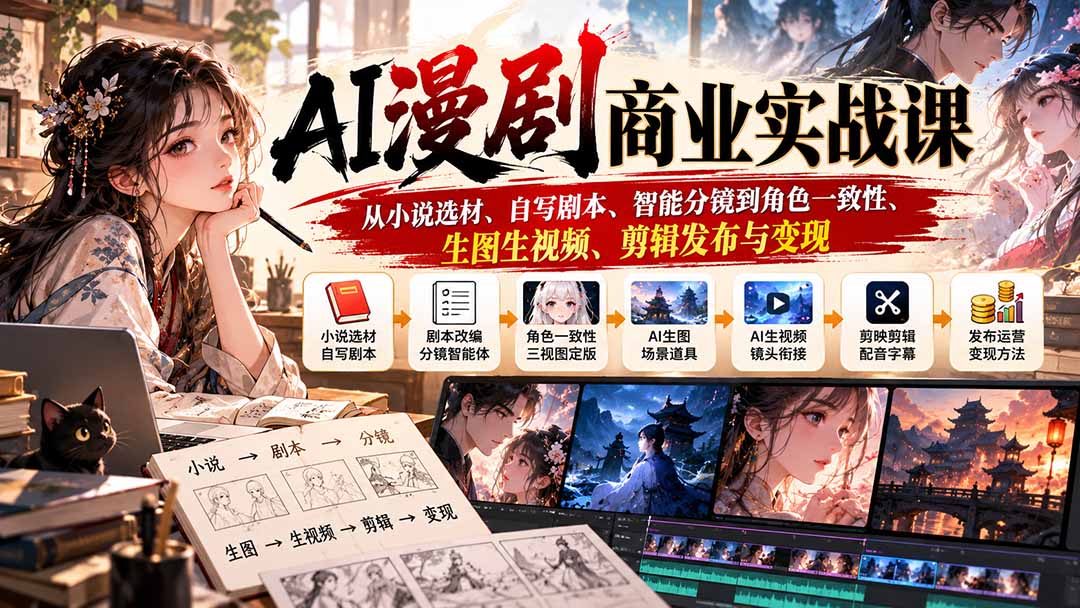AI漫剧商业实战课：从小说选材、自写剧本、智能分镜到角色一致性、生图生视频、剪辑发布与变现-资源V站