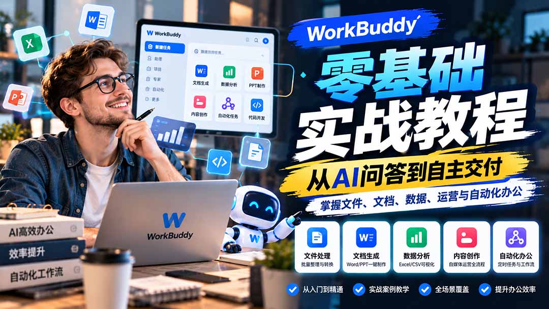 WorkBuddy零基础实战教程：从AI问答到自主交付，掌握文件、文档、数据、运营与自动化办公-资源V站