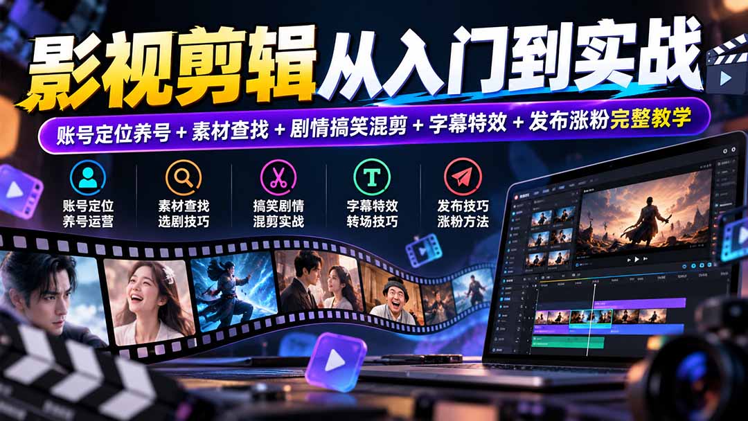 影视剪辑从入门到实战：账号定位养号+素材查找+剧情搞笑混剪+字幕特效+发布涨粉完整教学-资源V站
