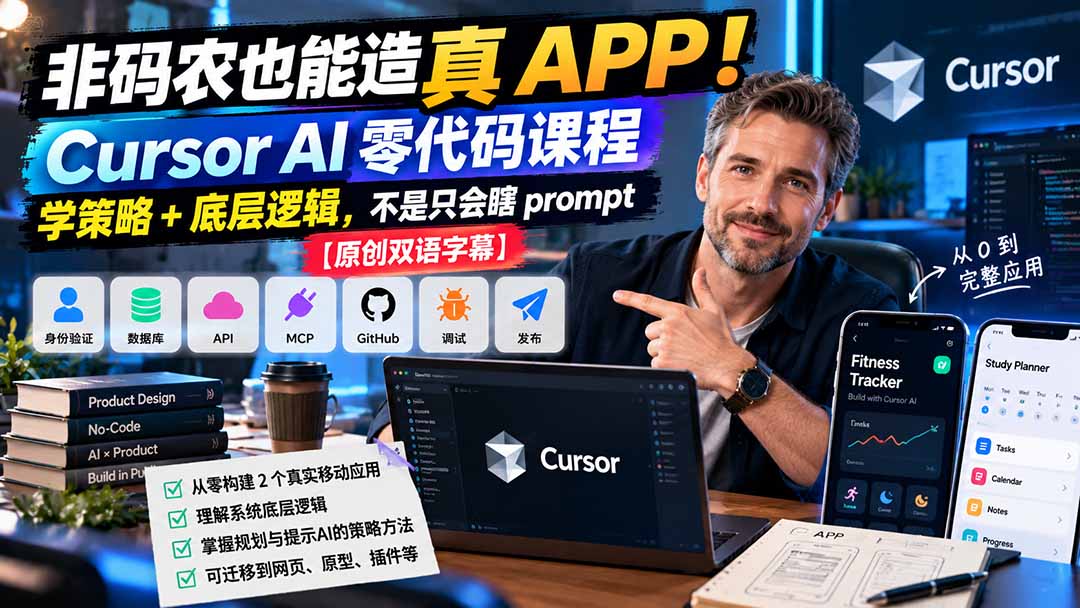 非码农也能造真 APP！Cursor AI 零代码课程：学策略 + 底层逻辑，不是只会瞎 prompt【原创双语字幕】-资源V站