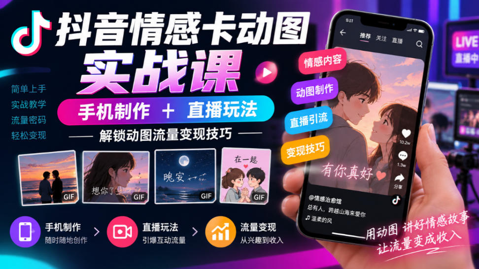抖音情感卡动图实战课｜手机制作+直播玩法，解锁动图流量变现技巧-资源V站