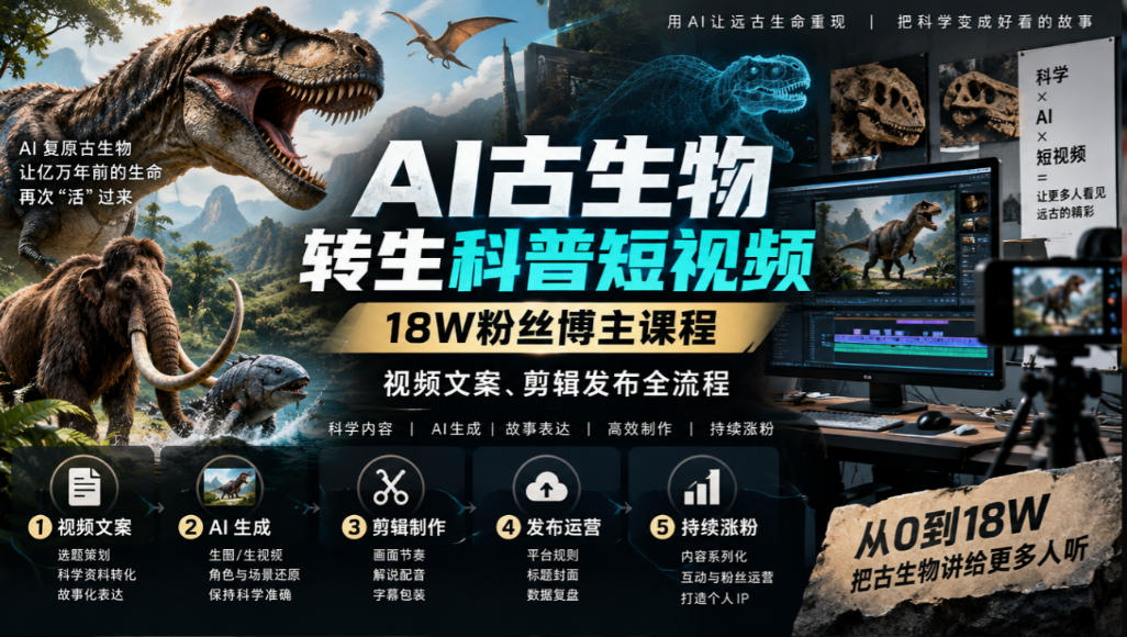 AI古生物转生科普短视频，18W粉丝博主课程，视频文案、剪辑发布全流程-资源V站