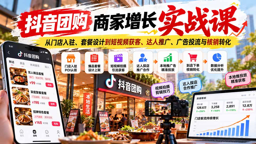 抖音团购商家增长实战课：从门店入驻、套餐设计到短视频获客、达人推广、广告投流与核销转化-资源V站