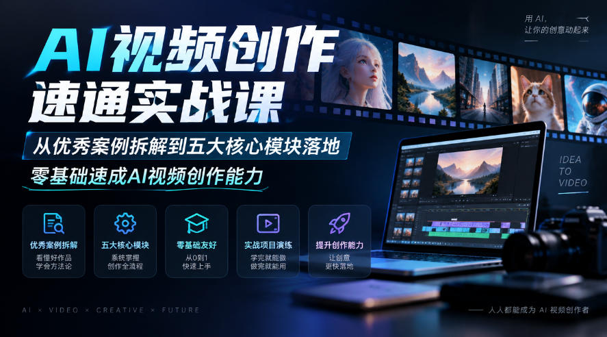 AI视频创作速通实战课｜从优秀案例拆解到五大核心模块落地，零基础速成AI视频创作能力-资源V站