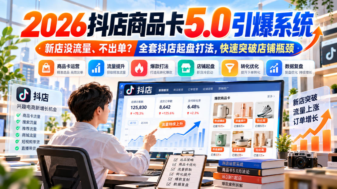 2026抖店商品卡5.0引爆店铺流量，新店没流量、不出单？全套抖店起盘打法，快速突破店铺瓶颈-资源V站
