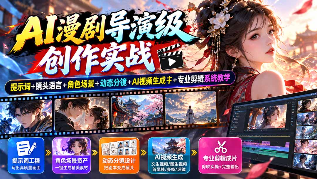AI漫剧导演级创作实战：提示词+镜头语言+角色场景+动态分镜+AI视频生成+专业剪辑系统教学-资源V站
