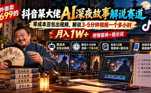 外面卖699抖音某大佬AI深夜故事解说赛道-更新:0成本豆包出视频+解说3-5分钟视频一个多小时,月入1W+附智能体+提示词