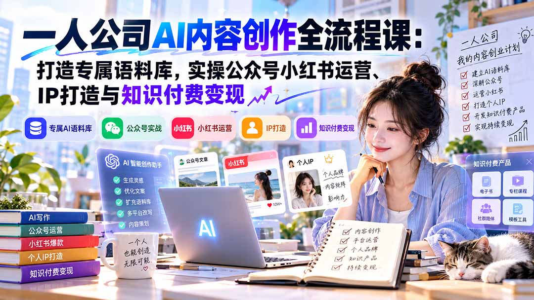 一人公司AI内容创作全流程课:打造专属语料库,实操公众号小红书运营、IP打造与知识付费变现方法论