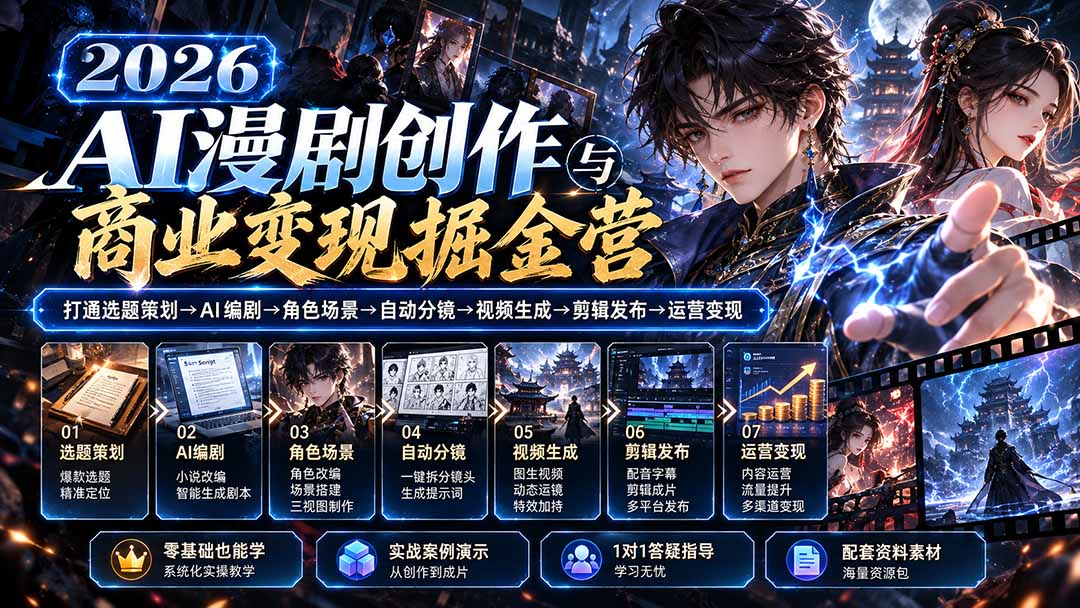 【无水印】2026AI漫剧创作与商业变现掘金营：打通选题→AI编剧→角色场景→自动分镜→视频生成→剪辑发布→运营变现