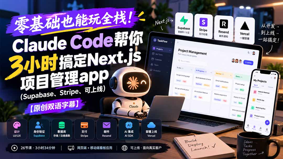 零基础也能玩全栈!Claude Code帮你3小时搞定Next.js项目管理app(Supabase、Stripe、可上线
