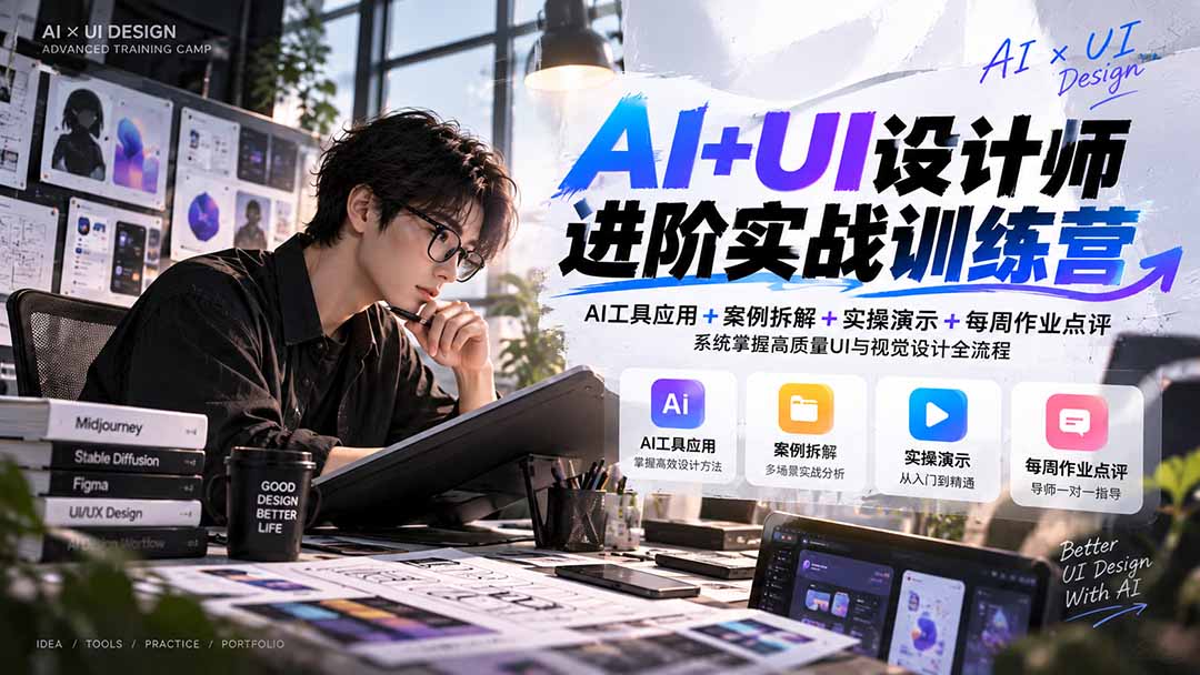 【无水印】AI+UI设计师进阶训练营-第4期：AI工具应用+案例拆解+实操演示+作业点评，掌握高质量UI与视觉设计全流程