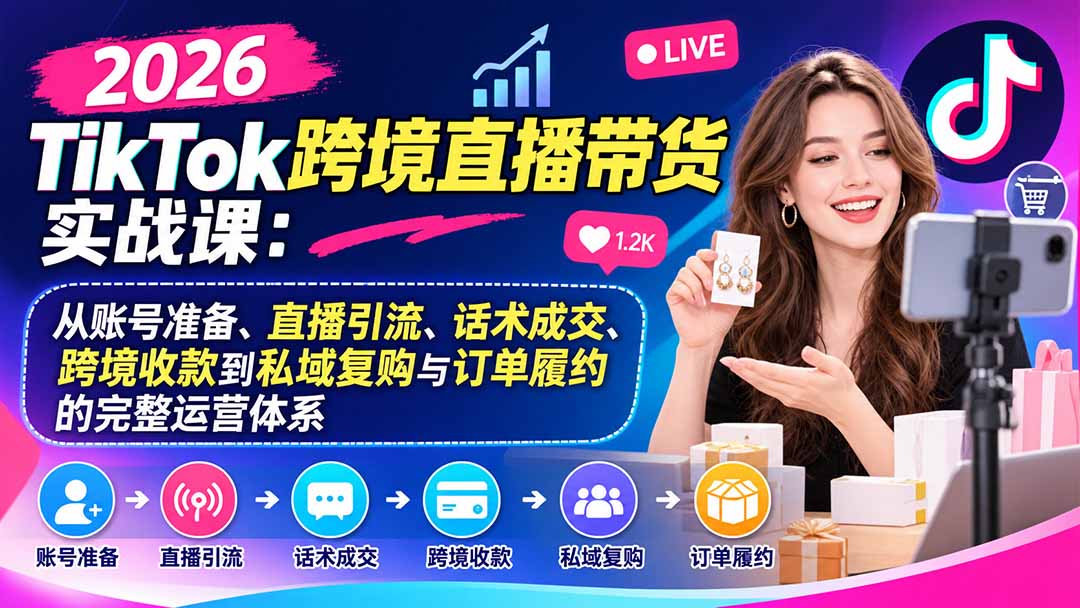 2026TikTok跨境直播带货实战课：从账号准备、直播引流、话术成交、跨境收款到私域复购与订单履约的完整运营体系