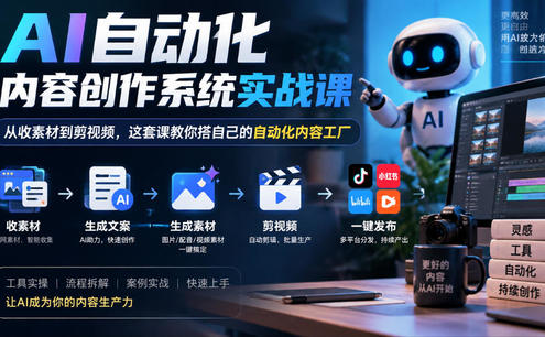 AI自动化内容创作系统实战课,从收素材到剪视频,这套课教你搭自己的自动化内容工厂