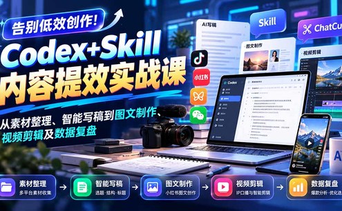 【无水印】告别低效创作!Codex+Skill内容提效实战课:从素材整理、智能写稿到图文制作、视频剪辑及数据复盘
