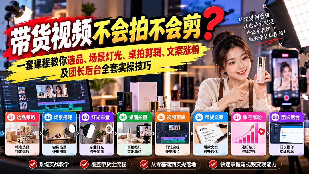 带货视频不会拍不会剪?一套课程教你选品、场景灯光、桌拍剪辑、文案涨粉及团长后台全套实操技巧 复制标题