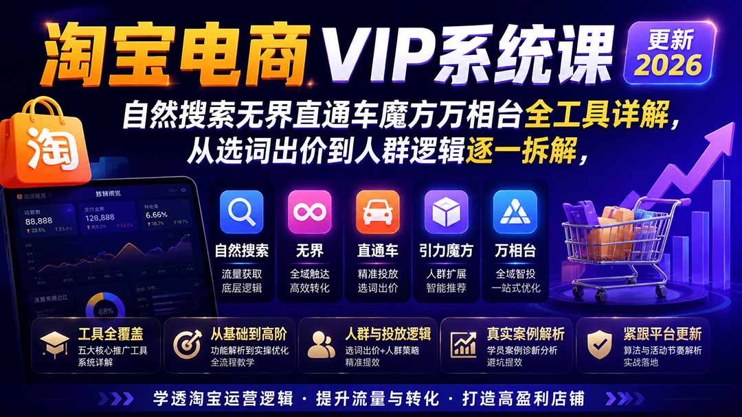 2026淘宝电商终局之战VIP课-更新1015：自然搜索+直通车+无界+精准人群，系统掌握测款动销与全店推广布局方法