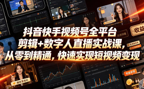 抖音快手视频号全平台剪辑+数字人直播实战课,从零到精通,快速实现短视频变现(更新2026年10月)