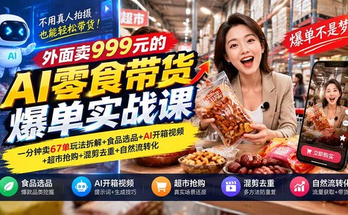 外面卖999元的AI零食带货爆单实战课|一分钟卖67单玩法拆解+食品选品+AI开箱视频+超市抢购+混剪去重+自然流转化