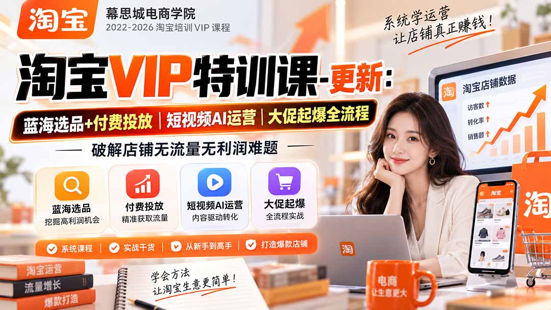 淘宝VIP特训课-更新1016:蓝海选品+付费投放|短视频AI运营|大促起爆全流程,破解店铺无流量无利润难题