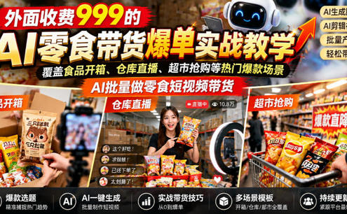 外面收费999的AI零食带货爆单实战教学,覆盖食品开箱、仓库直播、超市抢购等热门爆款场景,AI批量做零食短视频带货