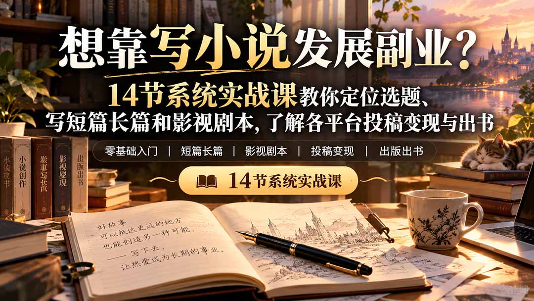 【无水印】想靠写小说发展副业?14节系统实战课教你定位选题、写短篇长篇和影视剧本,了解各平台投稿变现与出书