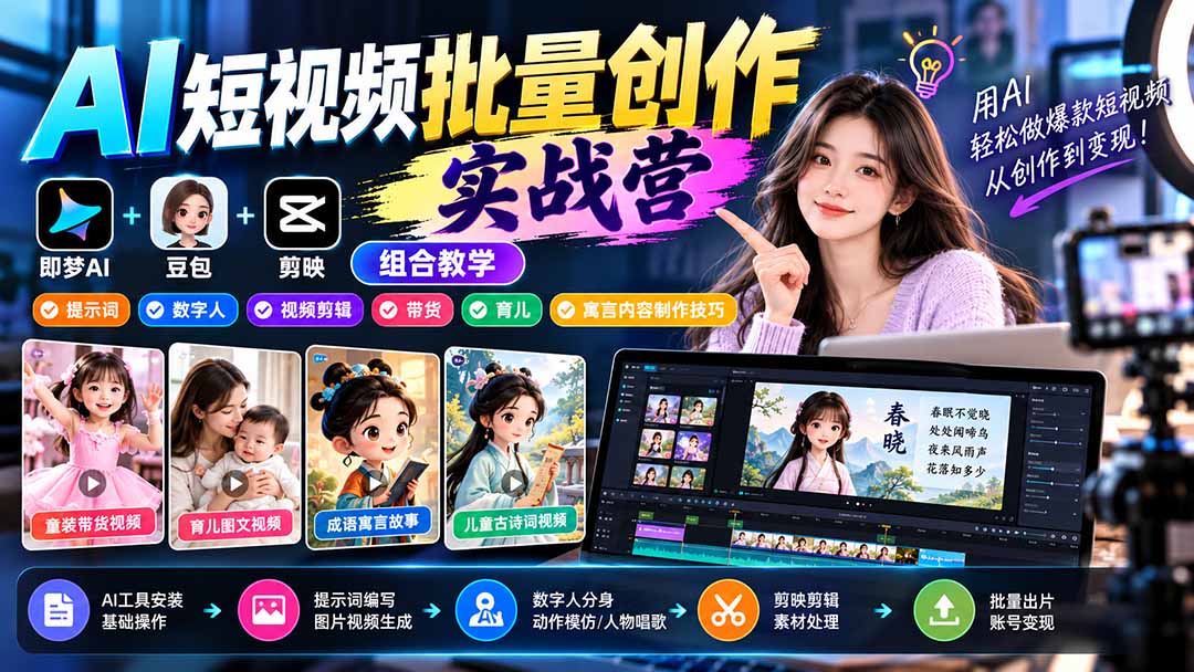 【无水印】AI短视频批量创作实战营：即梦+豆包+剪映组合教学，提示词/数字人/视频剪辑/带货/育儿/寓言内容制作技巧