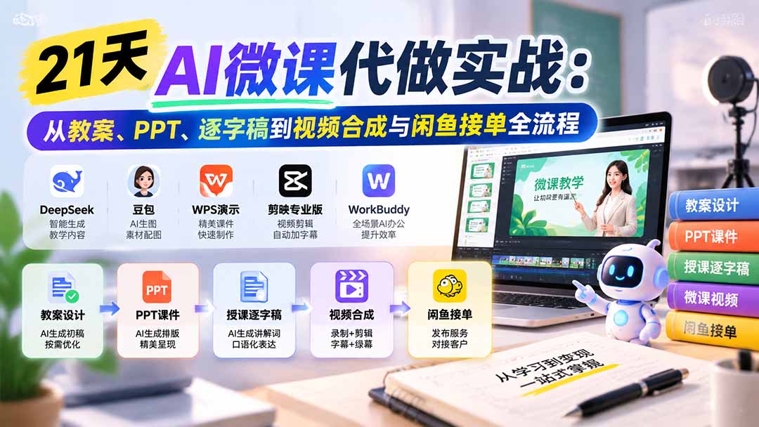 21天AI微课代做实战:从教案、PPT、逐字稿到视频合成与闲鱼接单全流程