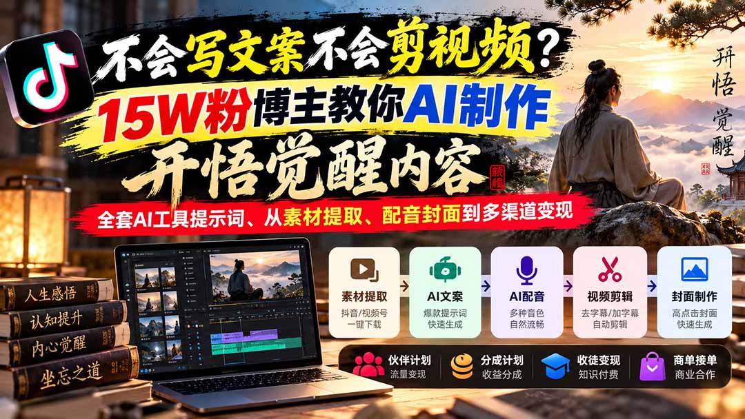 不会写文案不会剪视频?15W粉博主教你AI制作开悟觉醒内容,全套AI工具提示词、从素材提取、配音封面到多渠道变现