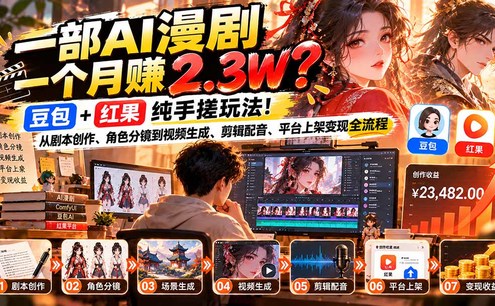 一部AI漫剧一个月赚2.3W?豆包+红果纯手搓玩法!从剧本创作、角色分镜到视频生成、剪辑配音、平台上架变现全流程