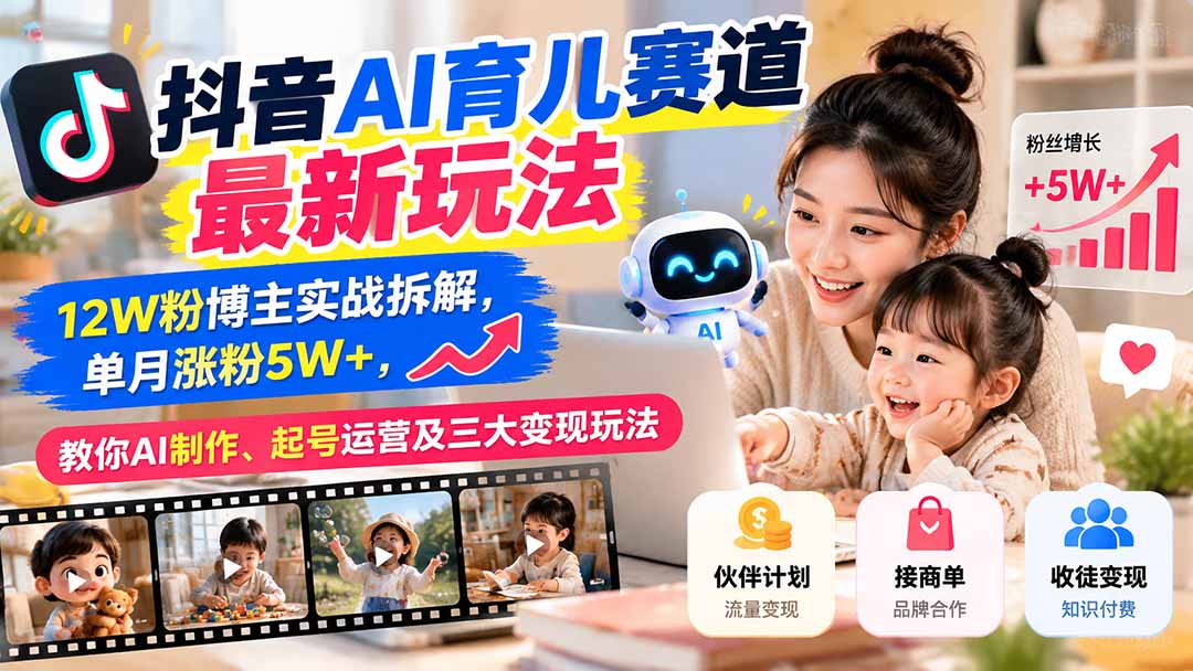 抖音AI育儿赛道最新玩法：12W粉博主实战拆解，单月涨粉5W+，教你AI制作、起号运营及三大变现玩法