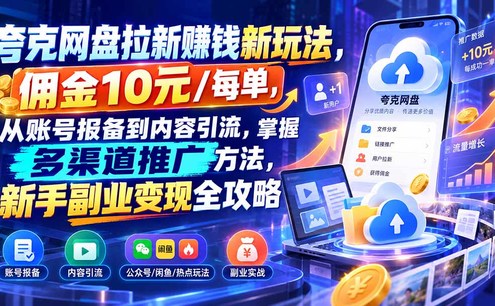 夸克网盘拉新赚钱新玩法,佣金10元/每单,从账号报备到内容引流,掌握多渠道推广方法,新手副业变现全攻略