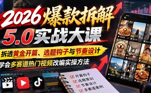 2026爆款拆解5.0实战大课:拆透黄金开篇、选题钩子与节奏设计,学会多赛道热门视频改编实操方法