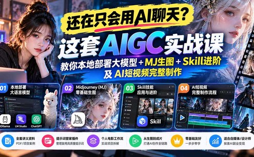 【无水印】还在只会用AI聊天?这套AIGC实战课教你本地部署大模型+MJ生图+Skill进阶及AI短视频完整制作