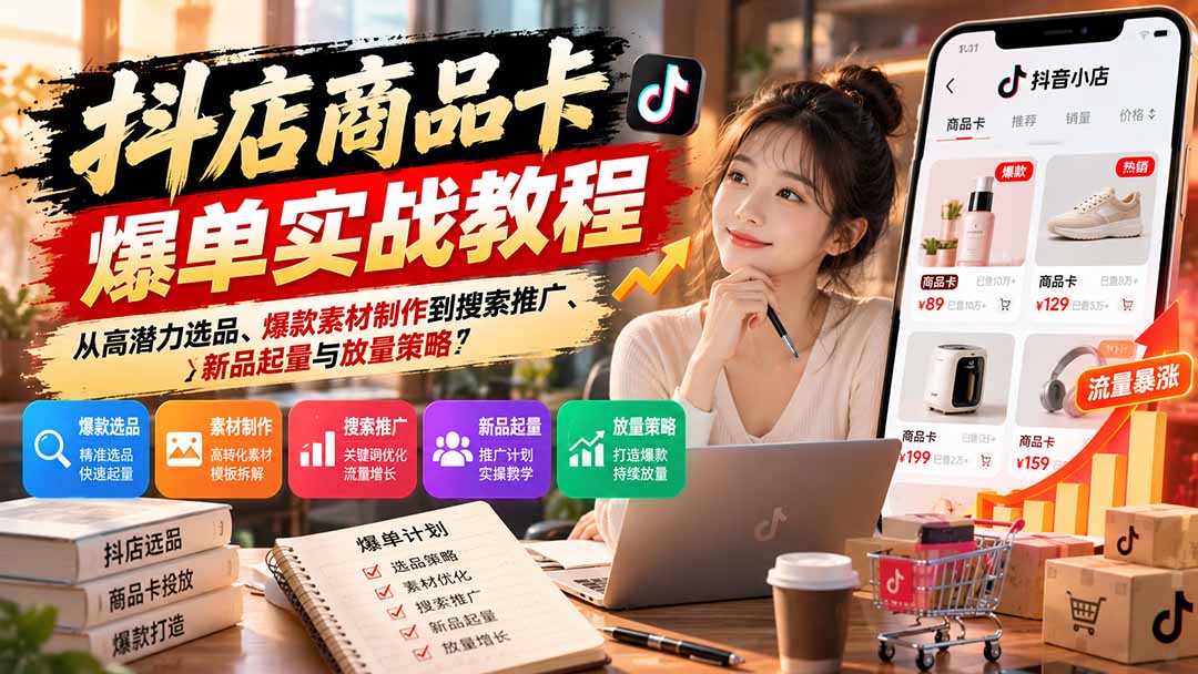 抖店商品卡爆单实战教程：从高潜力选品、爆款素材制作到搜索推广、新品起量与放量策略