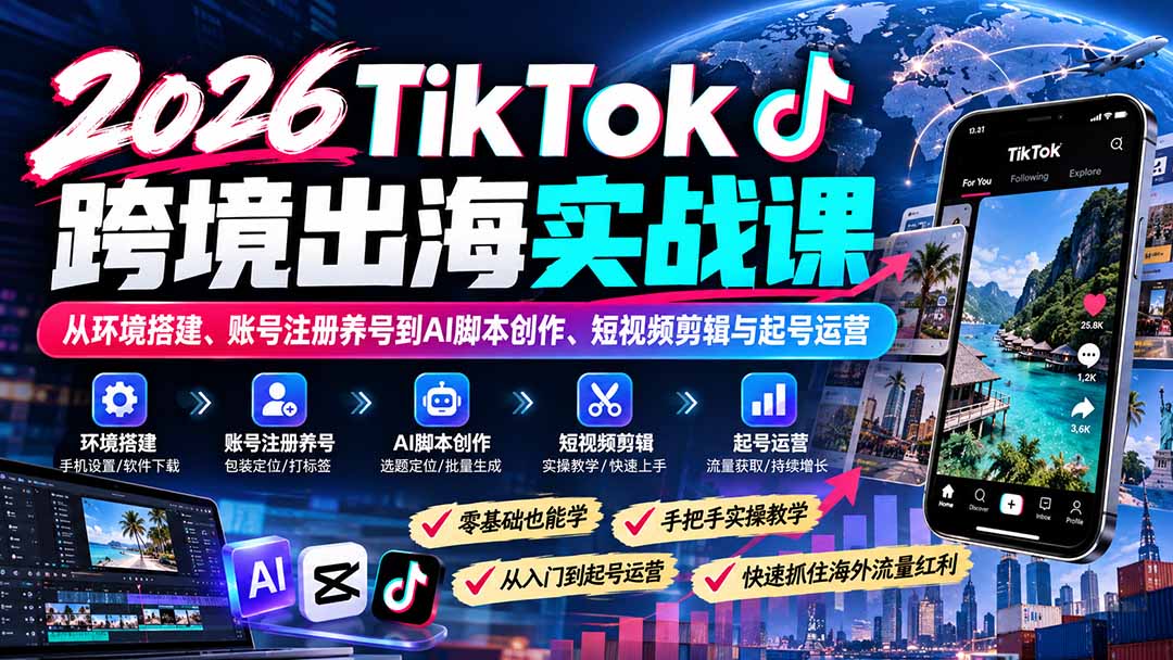 2026TikTok跨境出海实战课：从环境搭建、账号注册养号到AI脚本创作、短视频剪辑与起号运营