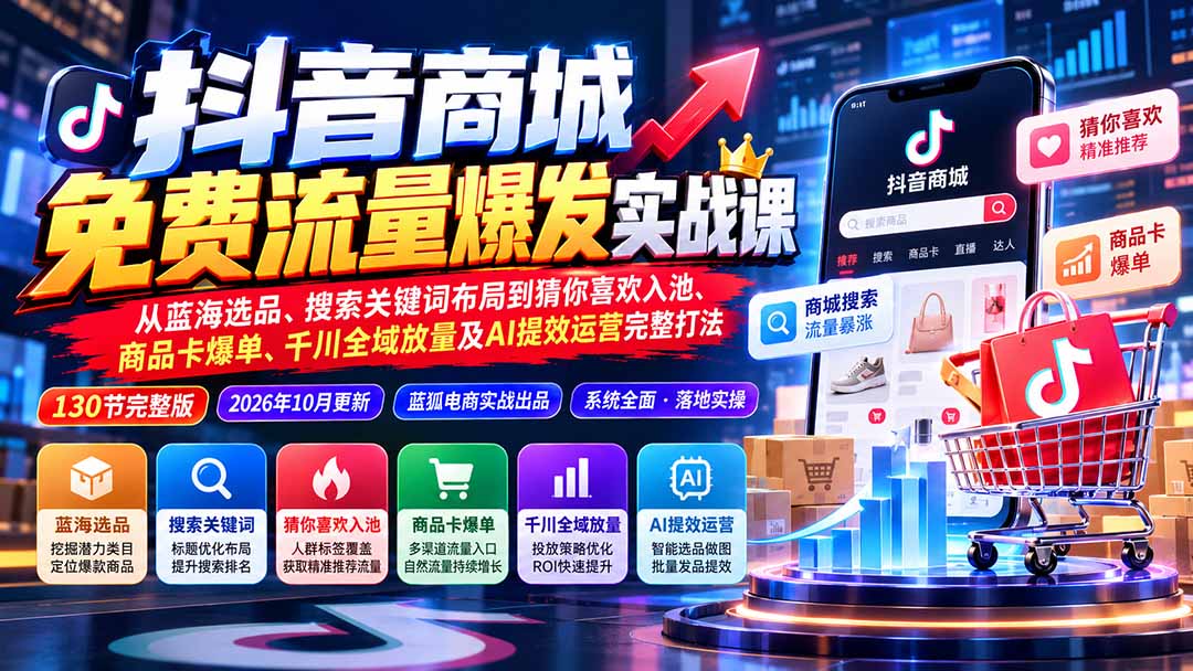 抖店城免费流量爆发实战-更新：蓝海选品、搜索关键词布局到猜你喜欢入池、商品卡爆单、千川全域放量及AI提效完整打法