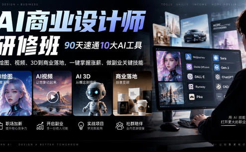AI商业设计师研修班,90天速通10大AI工具,从绘图、视频、3D到商业落地,一键掌握涨薪、做副业关键技能