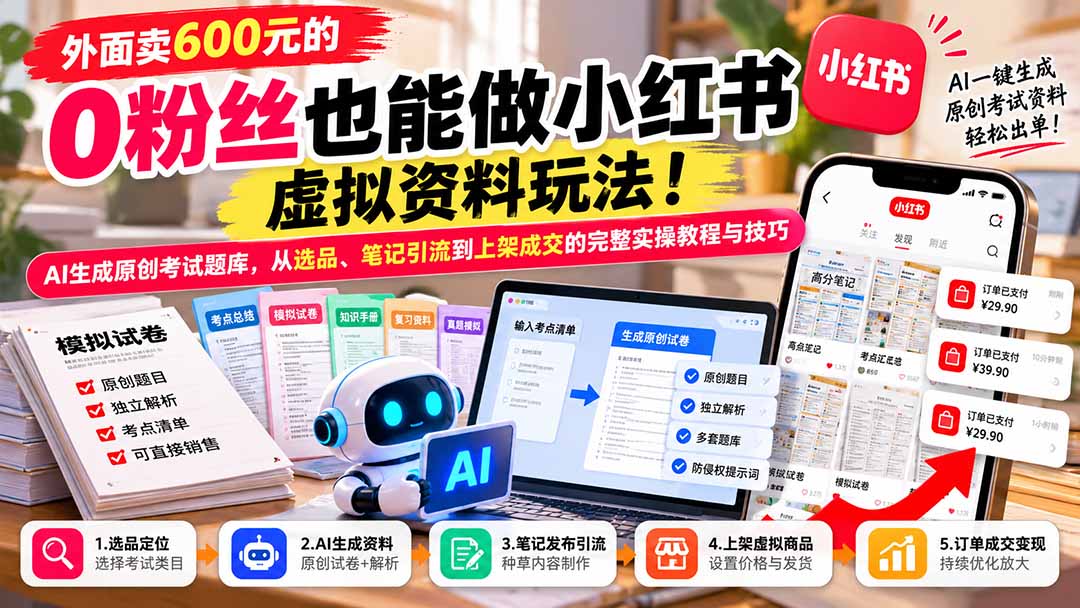 外面卖600元的 零粉丝也能做小红书虚拟资料玩法!AI生成原创考试题库,从选品、笔记引流到上架成交的完整实操教程