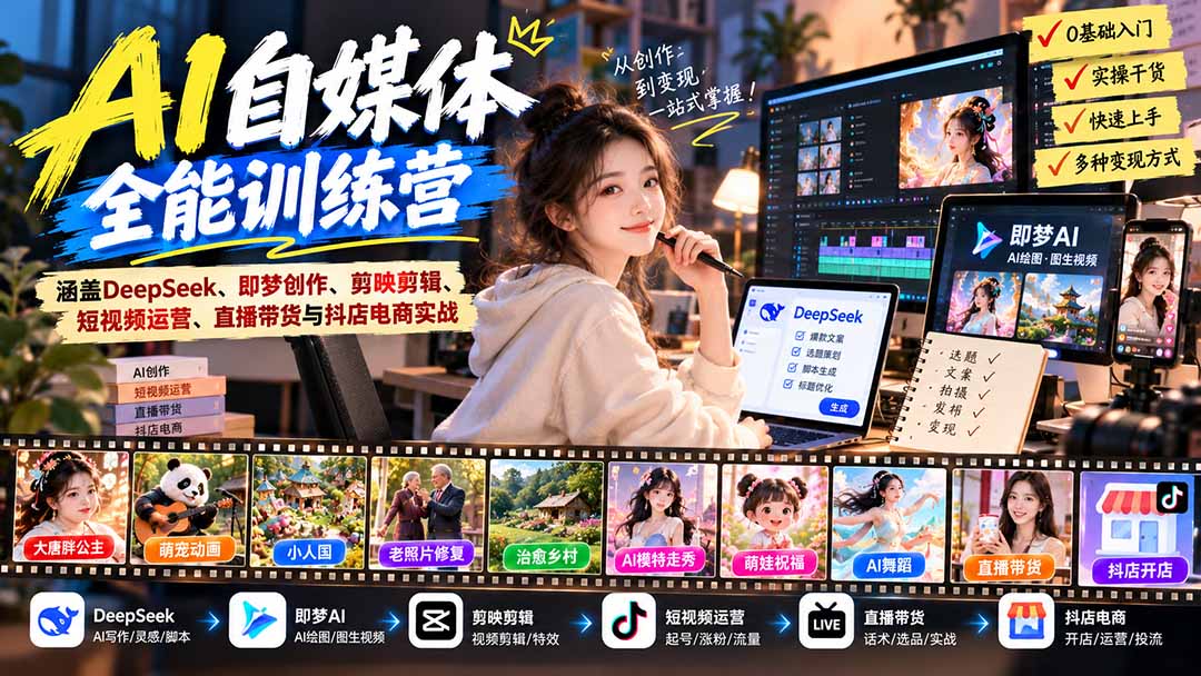 【无水印】AI+自媒体全能训练营:涵盖DeepSeek、即梦创作、剪映剪辑、短视频运营、直播带货与抖店电商实战