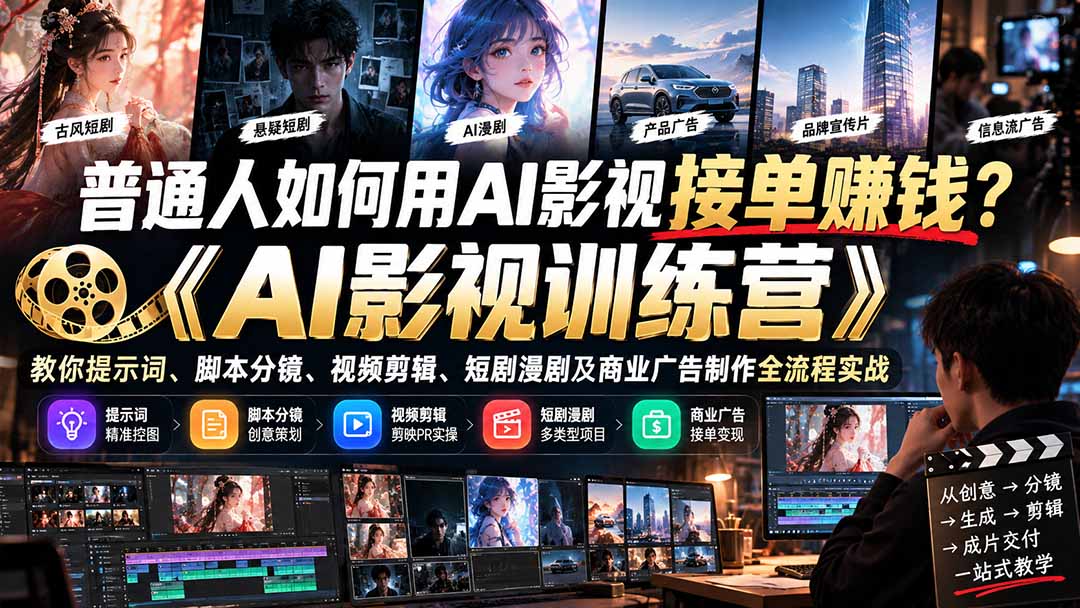 普通人如何用AI影视接单赚钱?《AI影视训练营》教你提示词、脚本分镜、视频剪辑、短剧漫剧及商业广告制作全流程实战