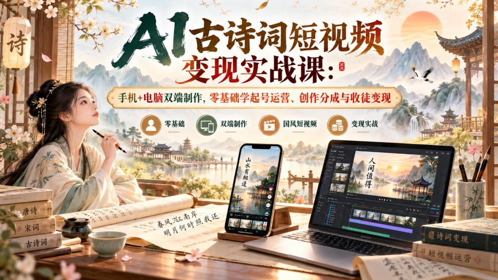 AI古诗词短视频变现实战课：手机+电脑双端制作，零基础学起号运营、创作分成与收徒变现