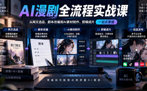 AI漫剧全流程实战课,覆盖从网文选品、剧本改编到AI素材制作、剪辑成片的完整链路