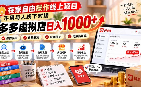 在家自由操作线上项目,不用与人线下对接,多多虚拟店日入 1000+