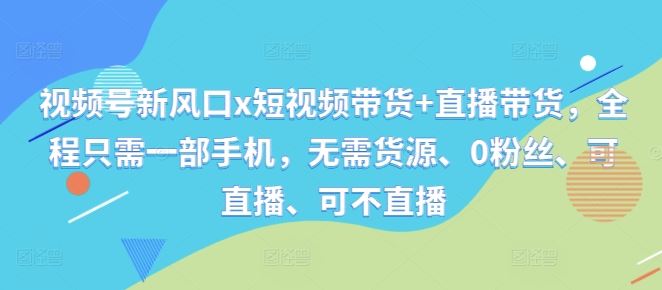 视频号新风口x短视频带货+直播带货，全程只需一部手机，无需货源、0粉丝、可直播、可不直播-资源V站
